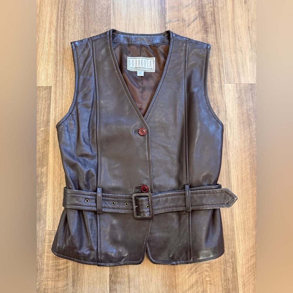 Vintage B B Dakota for Nordstrom B.B. Dark Brown Leather Belted Vest, small